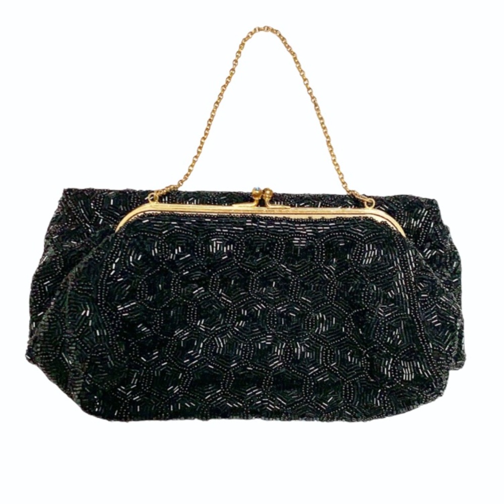 Vintage French handmade black embroidered beaded handbag